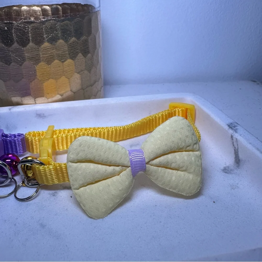 Purple and Yellow Cat Collar Set with Bell Bow and Flower